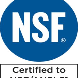 A blue and white logo for nsf certified company